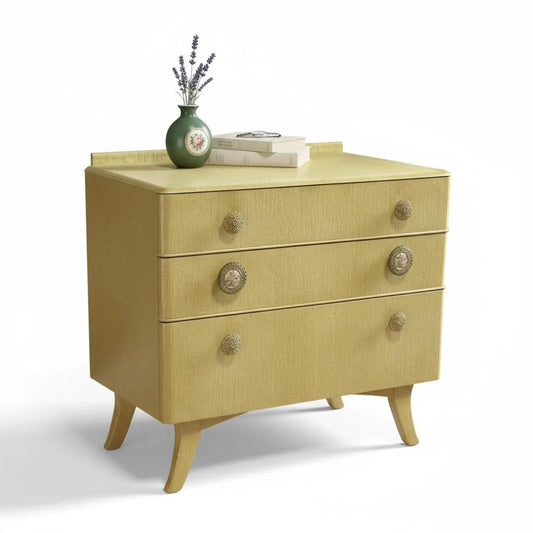 Vintage 1950s painted chest of drawers – front view showing three-drawer layout and splayed legs