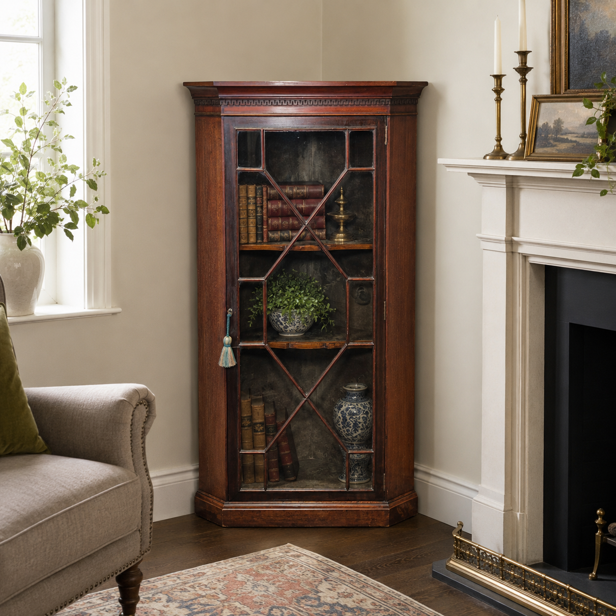 Antique George III Glazed Mahogany Hanging Corner Cabinet