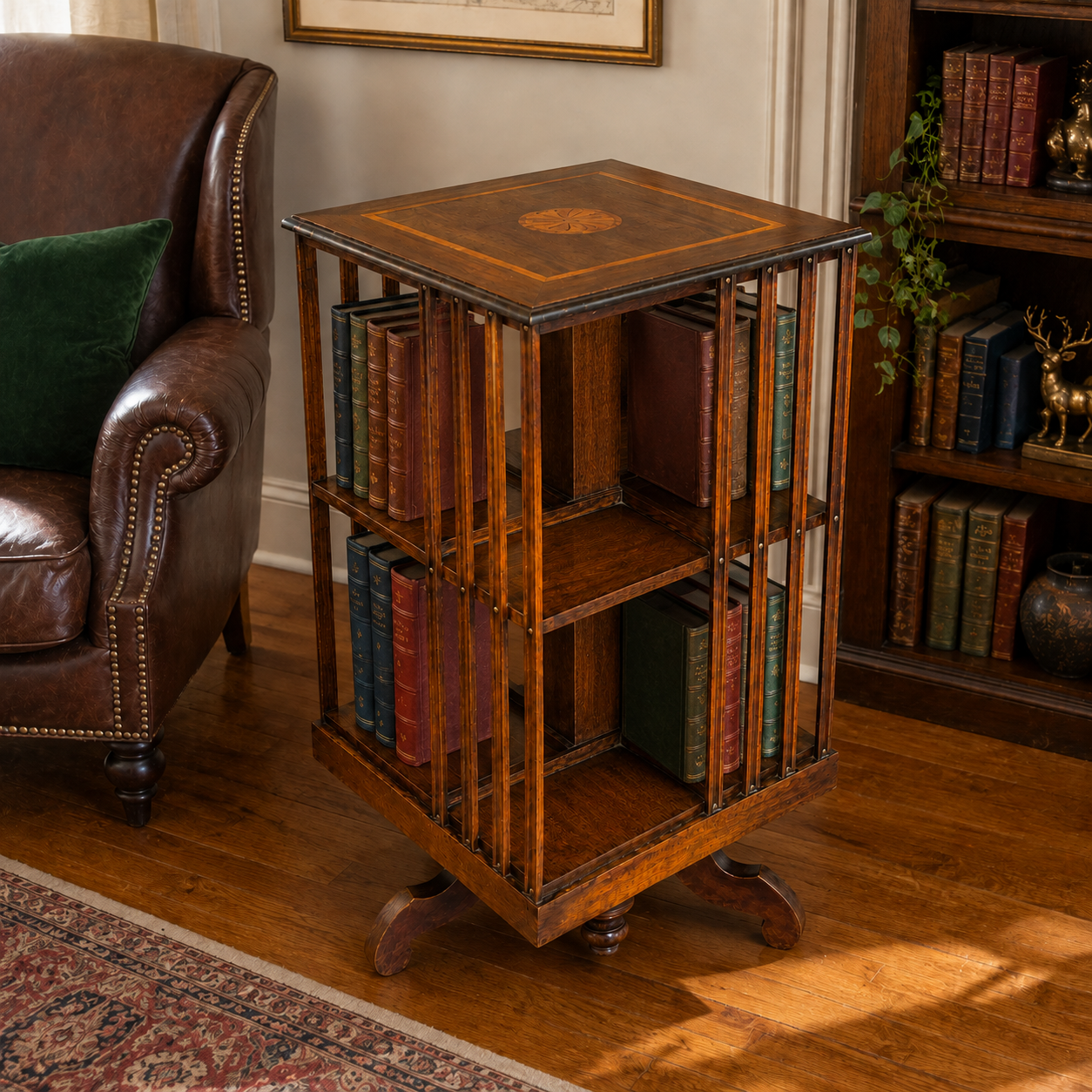 Staged Antique Edwardian inlaid mahogany revolving library bookcase c1900
