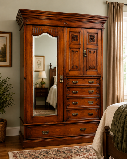 Antique Victorian walnut wardrobe with original bevelled mirror, linen cupboard, drawers and carved decorative panels