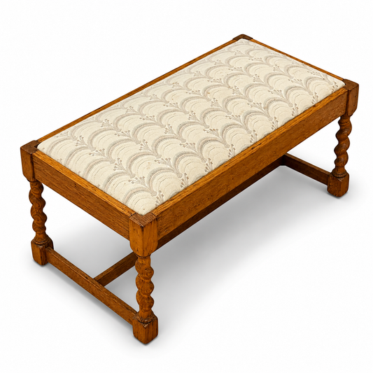 Antique Upholstered Footstool | Recently Reupholstered Stool | Turned Wooden Legs