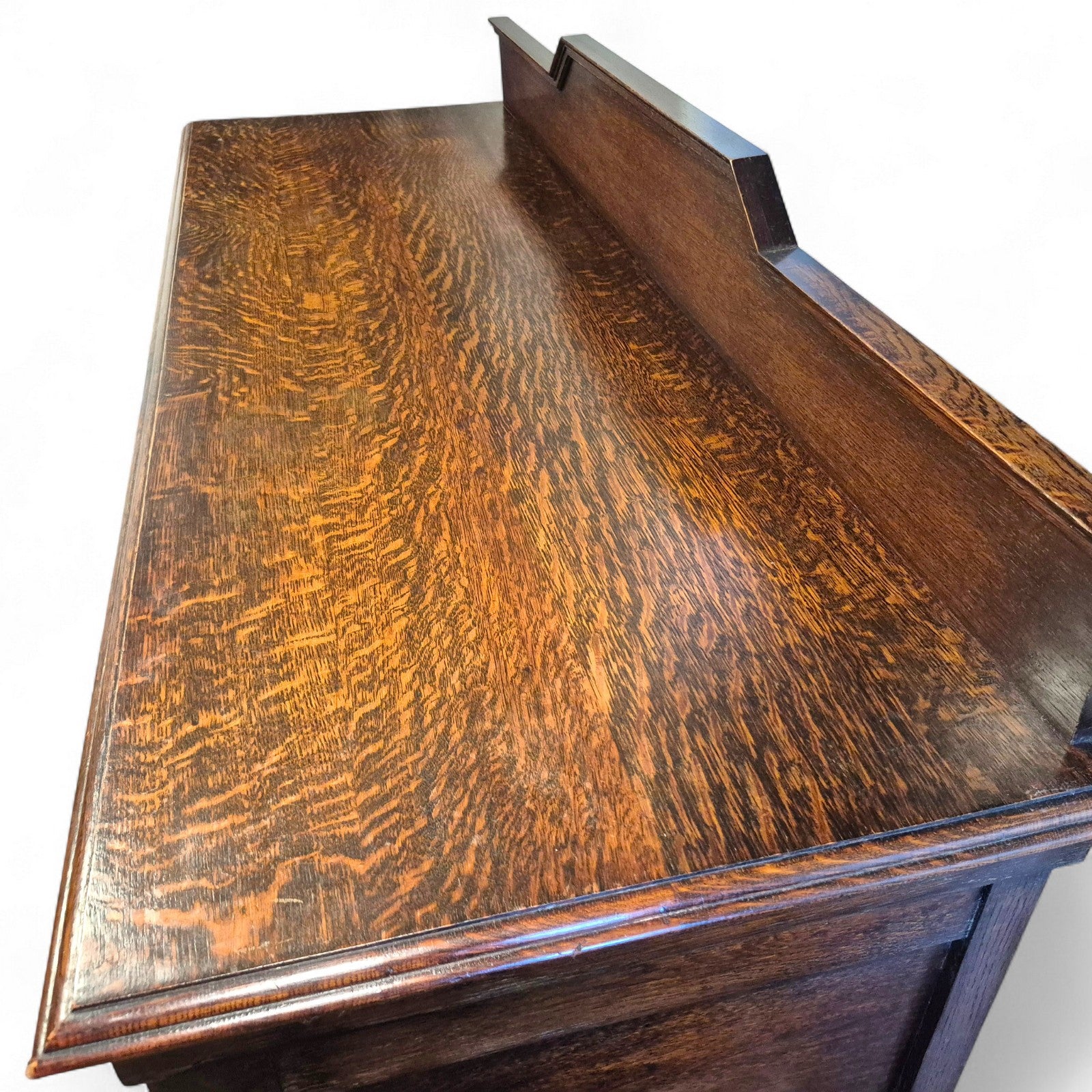 Top view of vintage oak sideboard showing beautiful oak grain detail