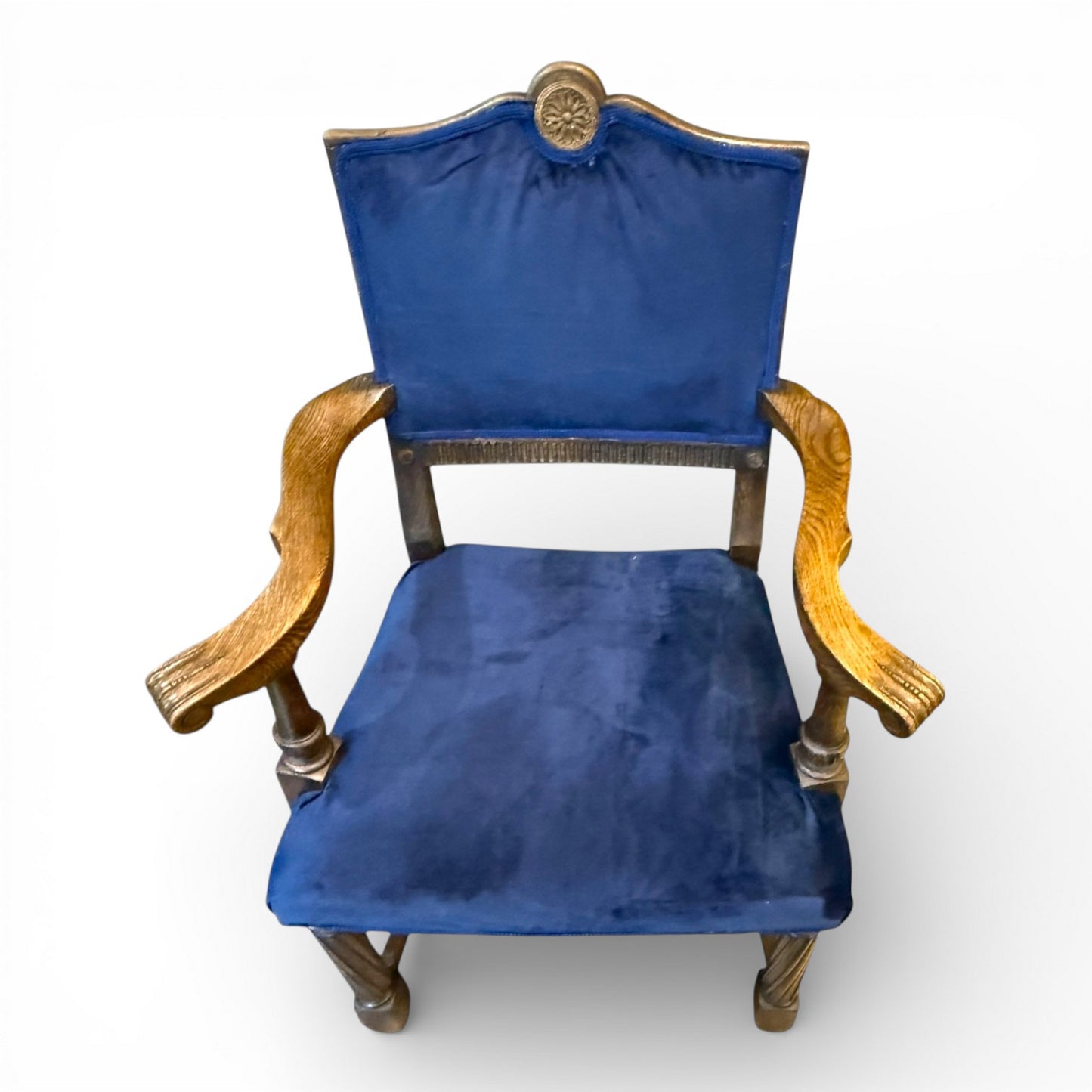 Oak Carved Armchair Upholstered Blue Velvet Seat & Back
