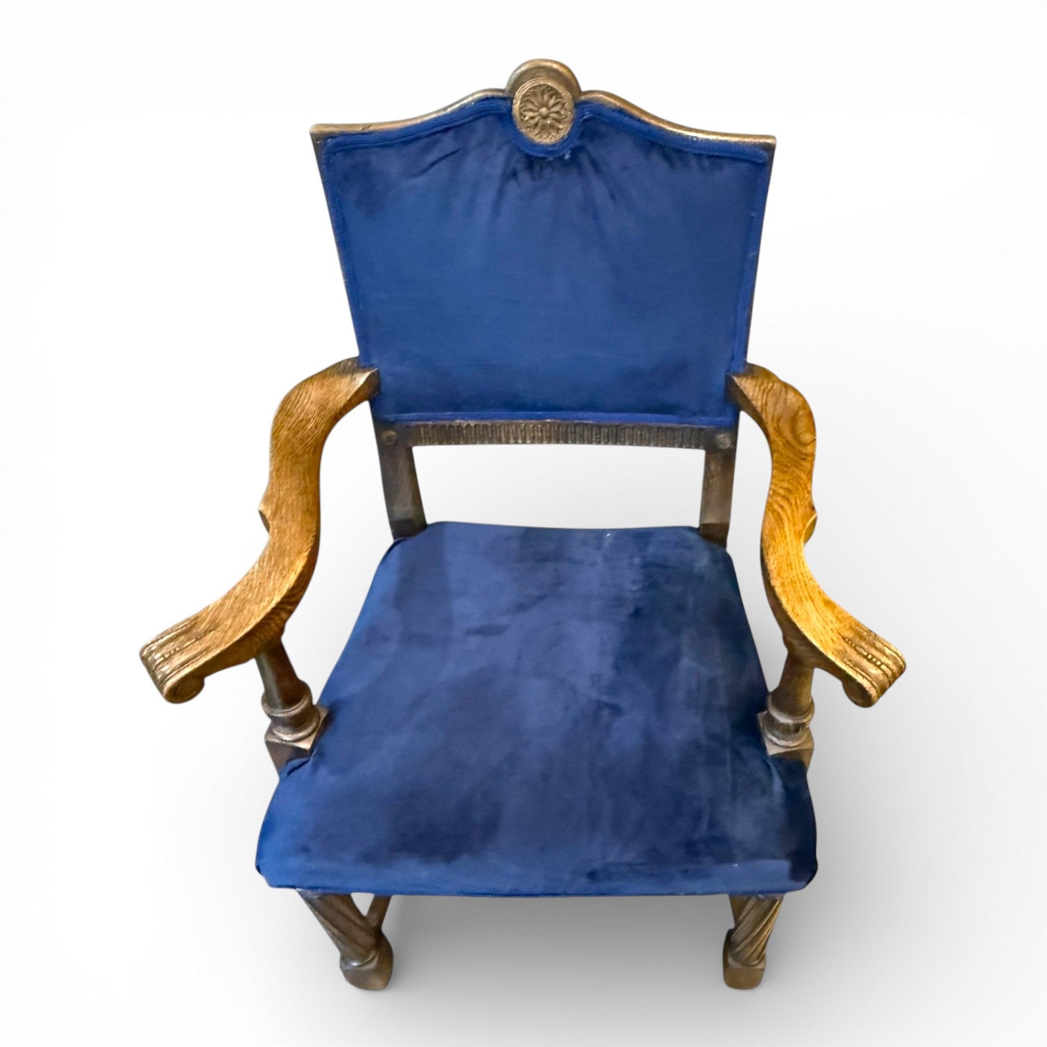 Oak Carved Armchair Upholstered Blue Velvet Seat & Back