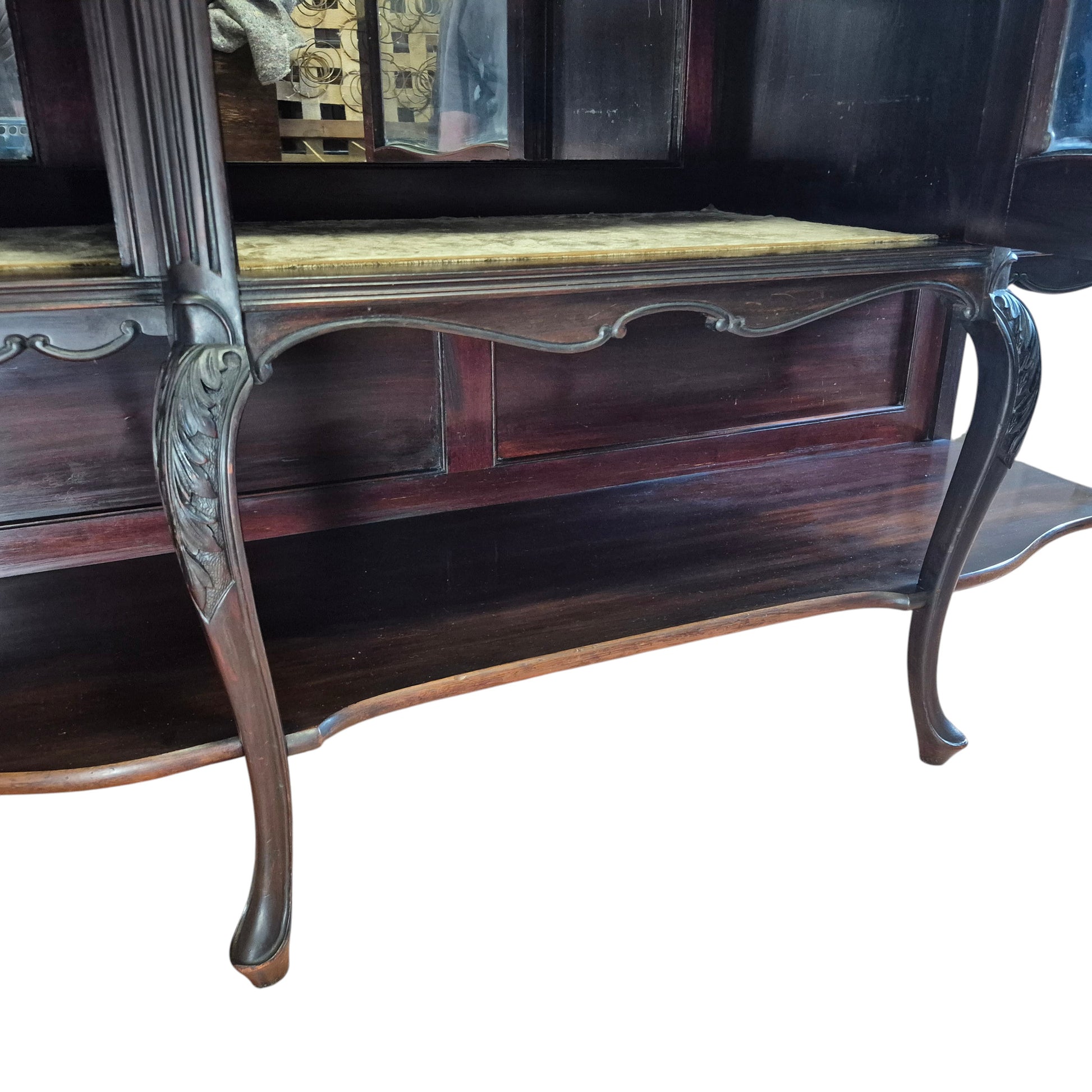 Antique mahogany glazed cabinet with carved detailing and shaped legs