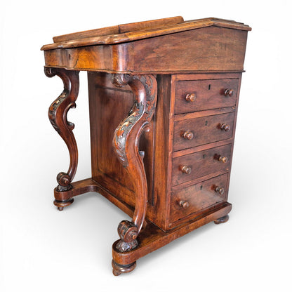 Side drawer detail on antique Victorian burr walnut davenport desk
