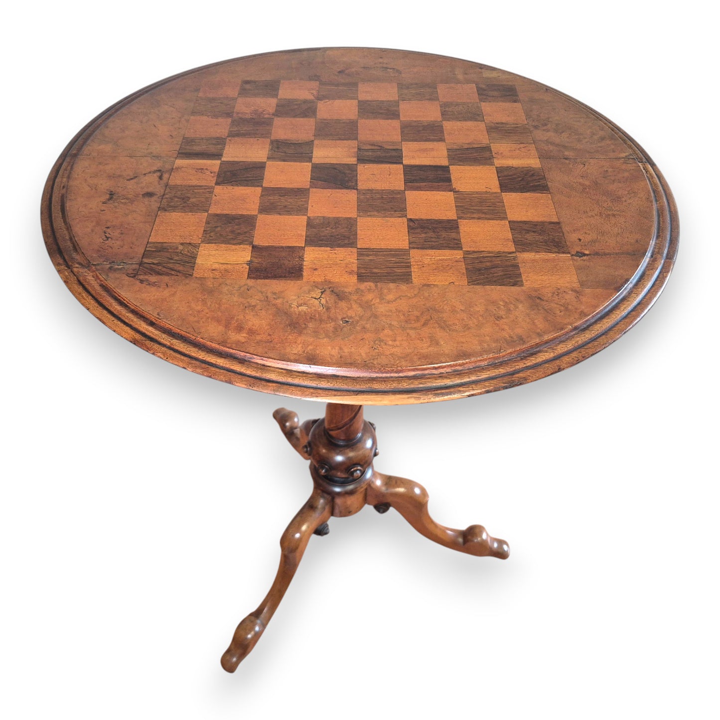 Edwardian burr walnut occasional table used as a chess and side table