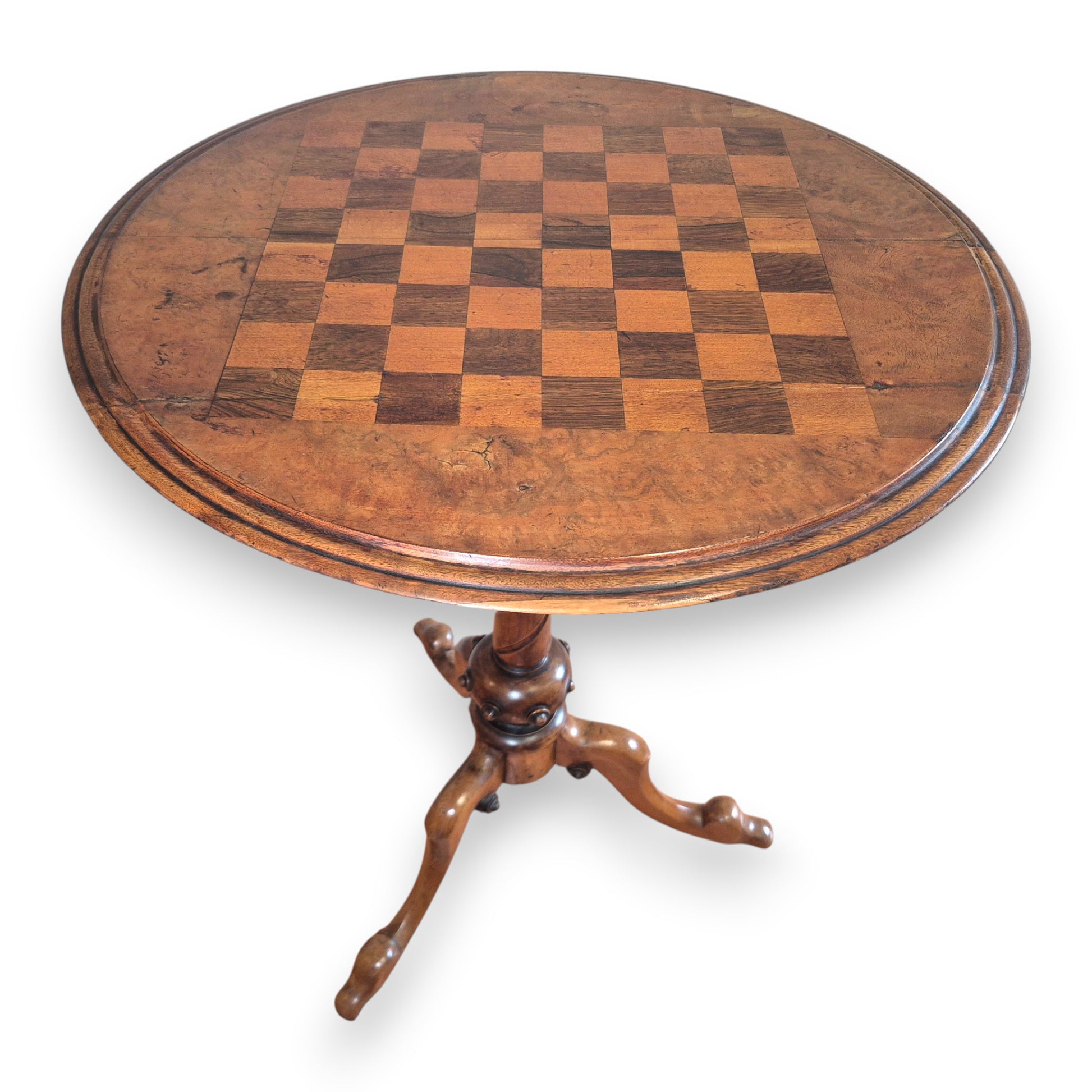 Edwardian burr walnut occasional table used as a chess and side table