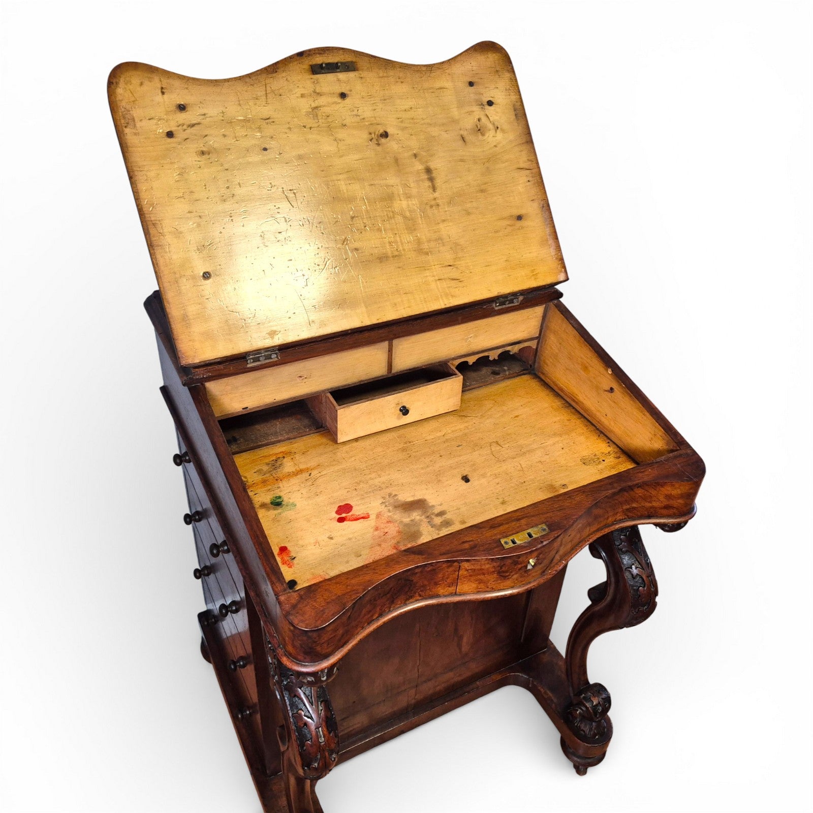 Fitted interior compartment inside Victorian burr walnut davenport desk
