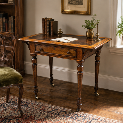 Antique leather top writing table styled in a classic interior