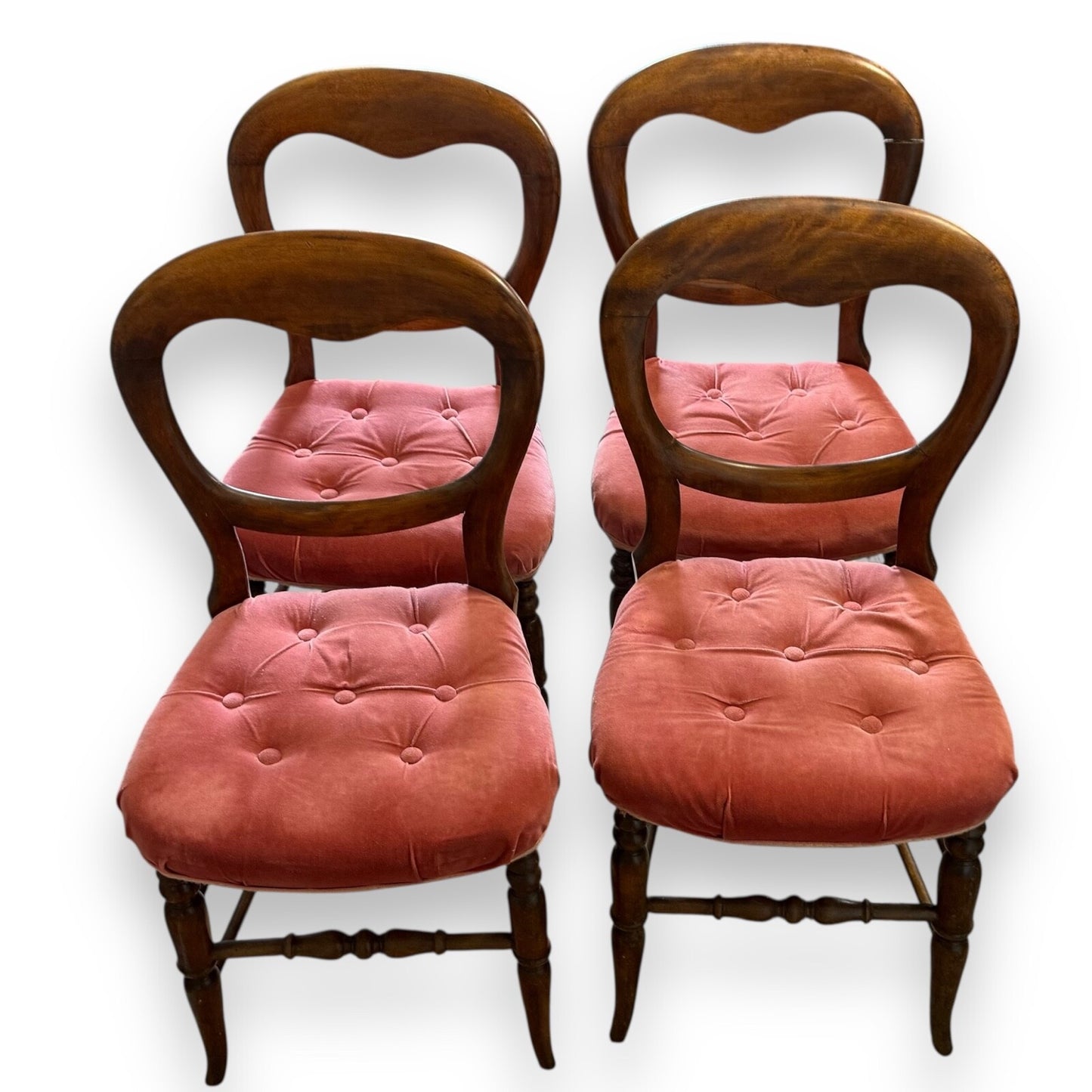 Set of four Victorian mahogany balloon back dining chairs – front view showing classic design