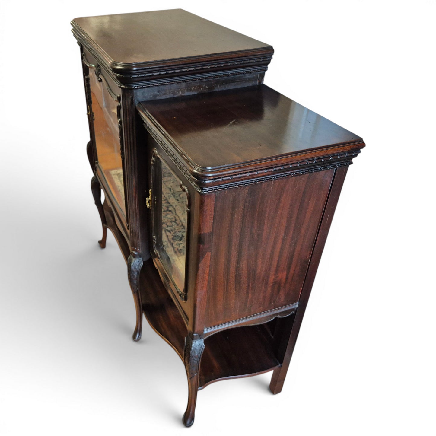Right Side View Antique mahogany glazed cabinet with carved detailing and shaped legs