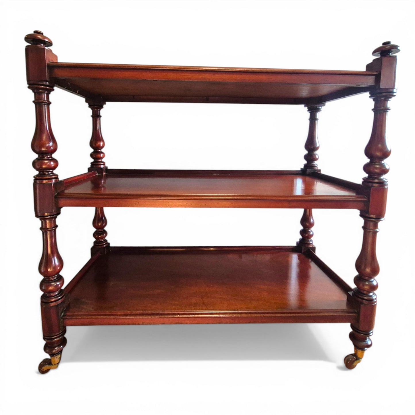 Antique Victorian Mahogany Dumb Waiter c1860 | 3 Tier Server Trolley with Brass & Porcelain Castors