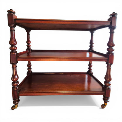 Antique Victorian Mahogany Dumb Waiter c1860 | 3 Tier Server Trolley with Brass & Porcelain Castors