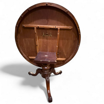 Close-up of functioning tilt-top mechanism on antique Victorian mahogany table – restored and working