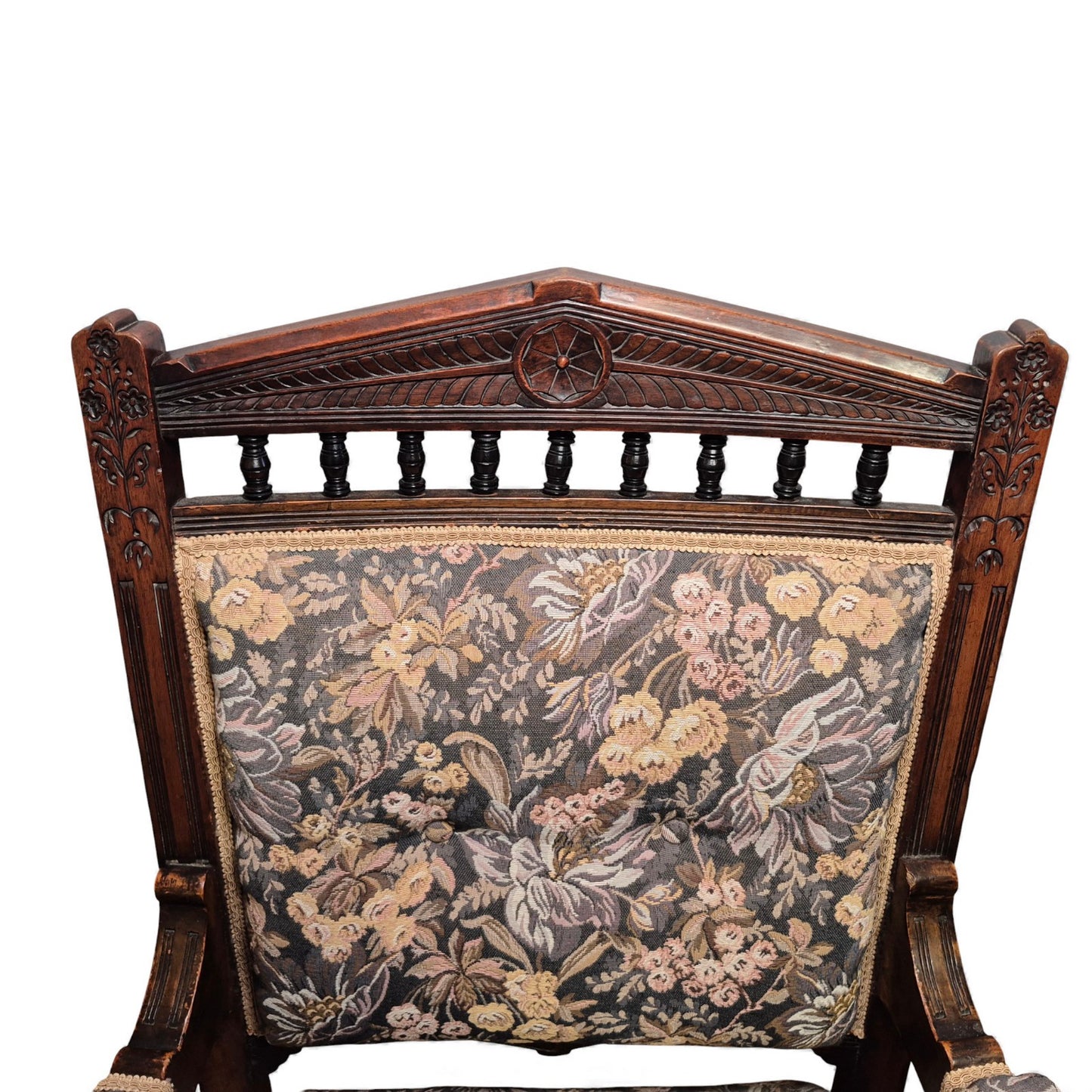 2nd Close-up of carved crest rail on Victorian oak nursing chair