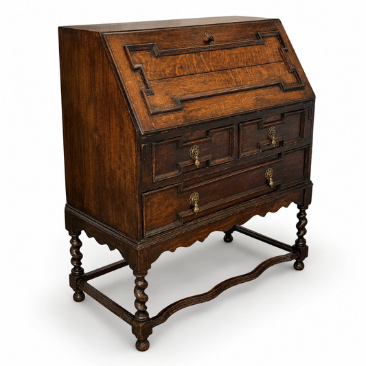 Antique Victorian Jacobean Revival Oak Bureau c.1890–1910
