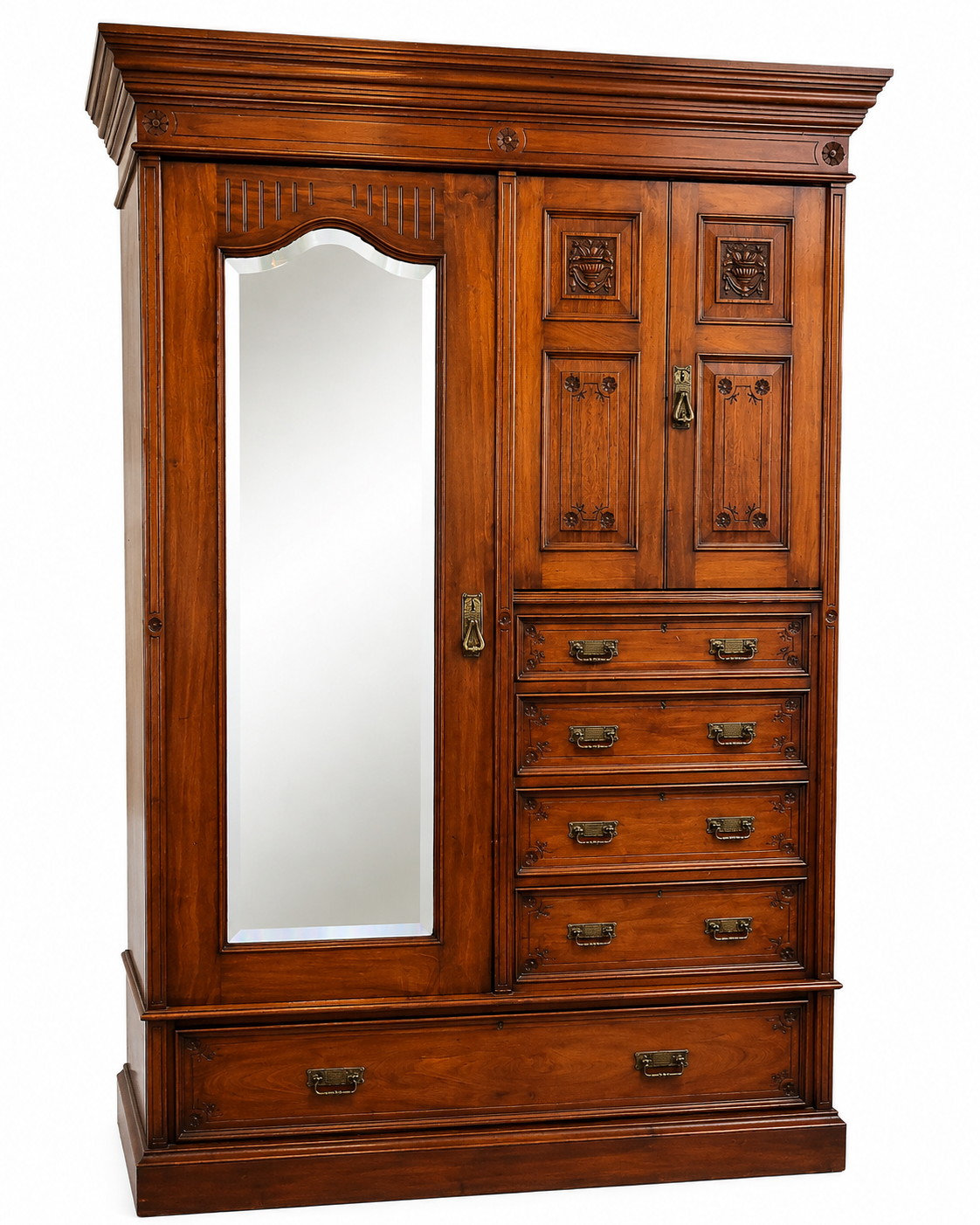 Victorian walnut compactum wardrobe c1895 with mirrored door, carved cupboard panels, brass handles and fitted drawers