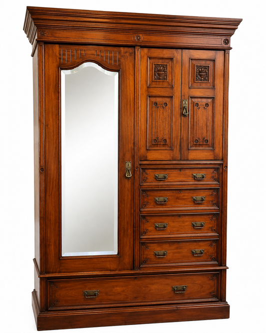 Victorian walnut compactum wardrobe c1895 with mirrored door, carved cupboard panels, brass handles and fitted drawers