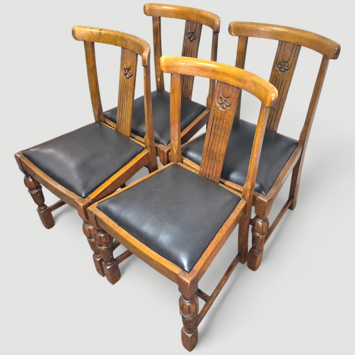 Set of 4 vintage 1920s honey oak dining chairs with black upholstered seats