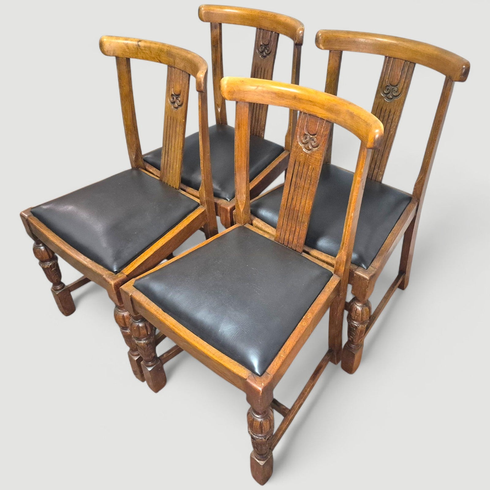 Set of 4 vintage 1920s honey oak dining chairs with black upholstered seats
