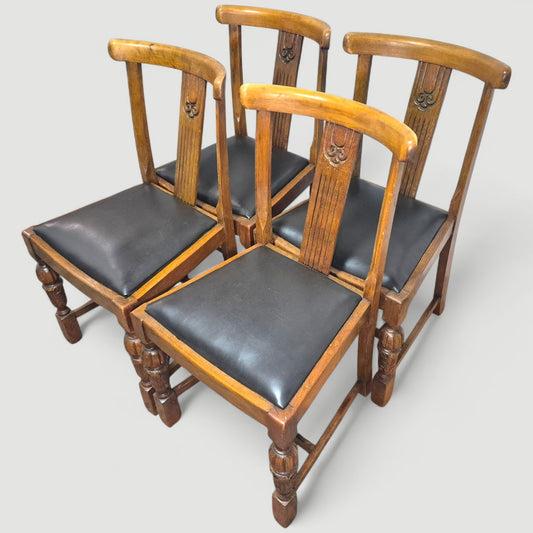 Set of 4 vintage 1920s honey oak dining chairs with black upholstered seats
