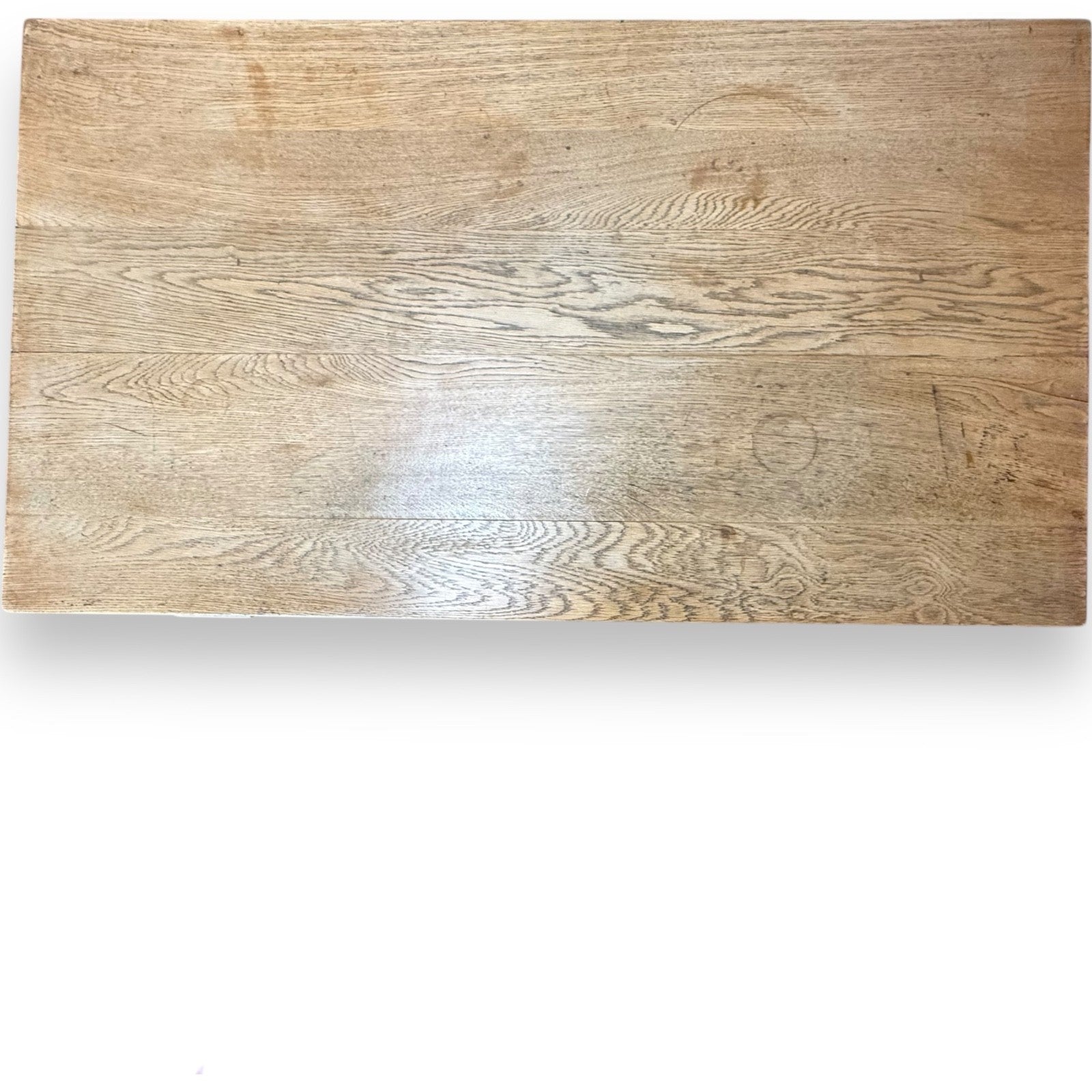 Top view of vintage oak writing desk with natural grain and aged finish – restored antique furniture