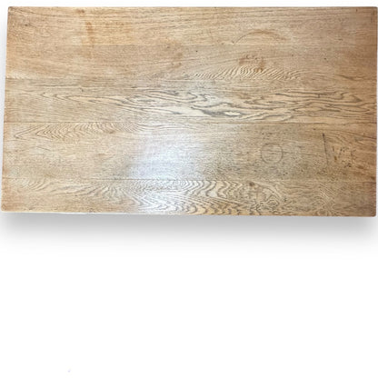 Top view of vintage oak writing desk with natural grain and aged finish – restored antique furniture