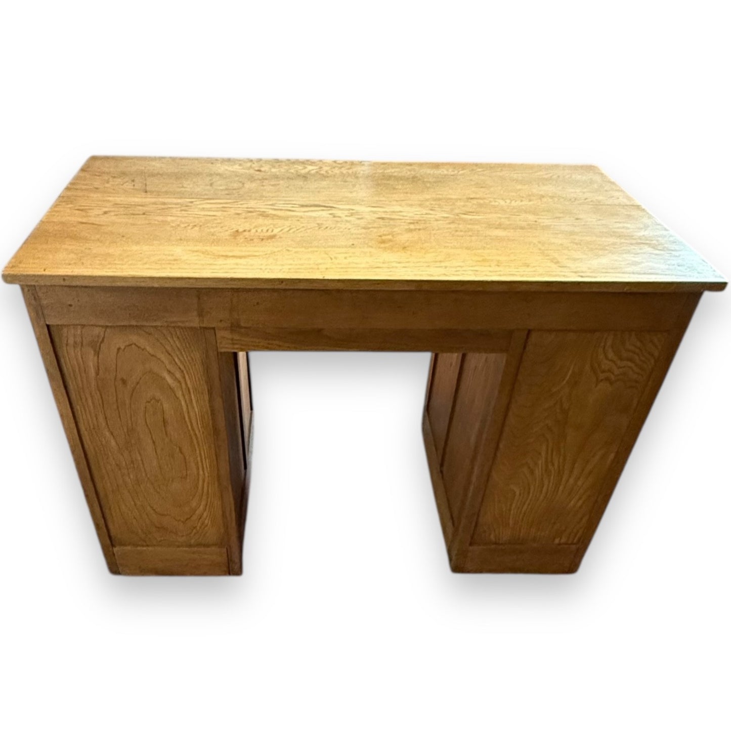 Rear Kneehole and pedestal detail of vintage oak Art Deco writing table – seven drawer design