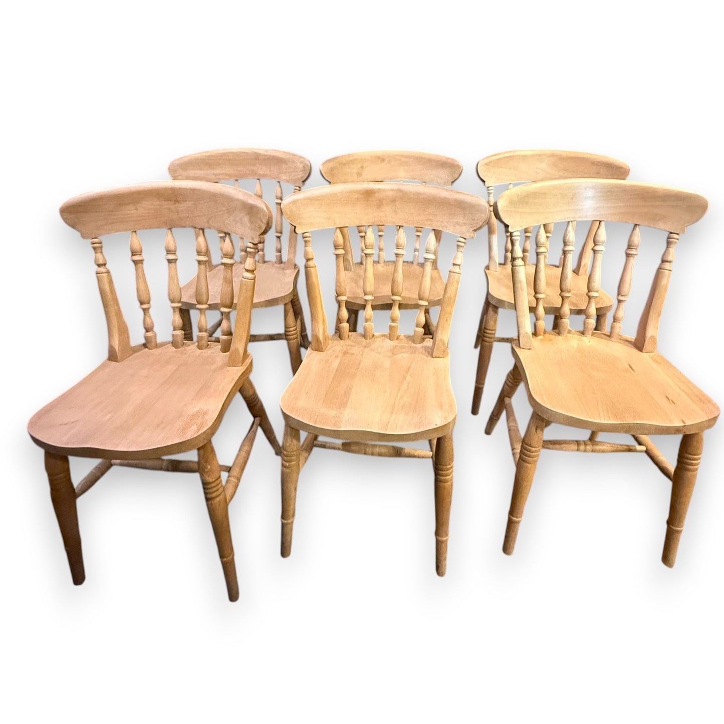Set of six vintage beech farmhouse dining chairs