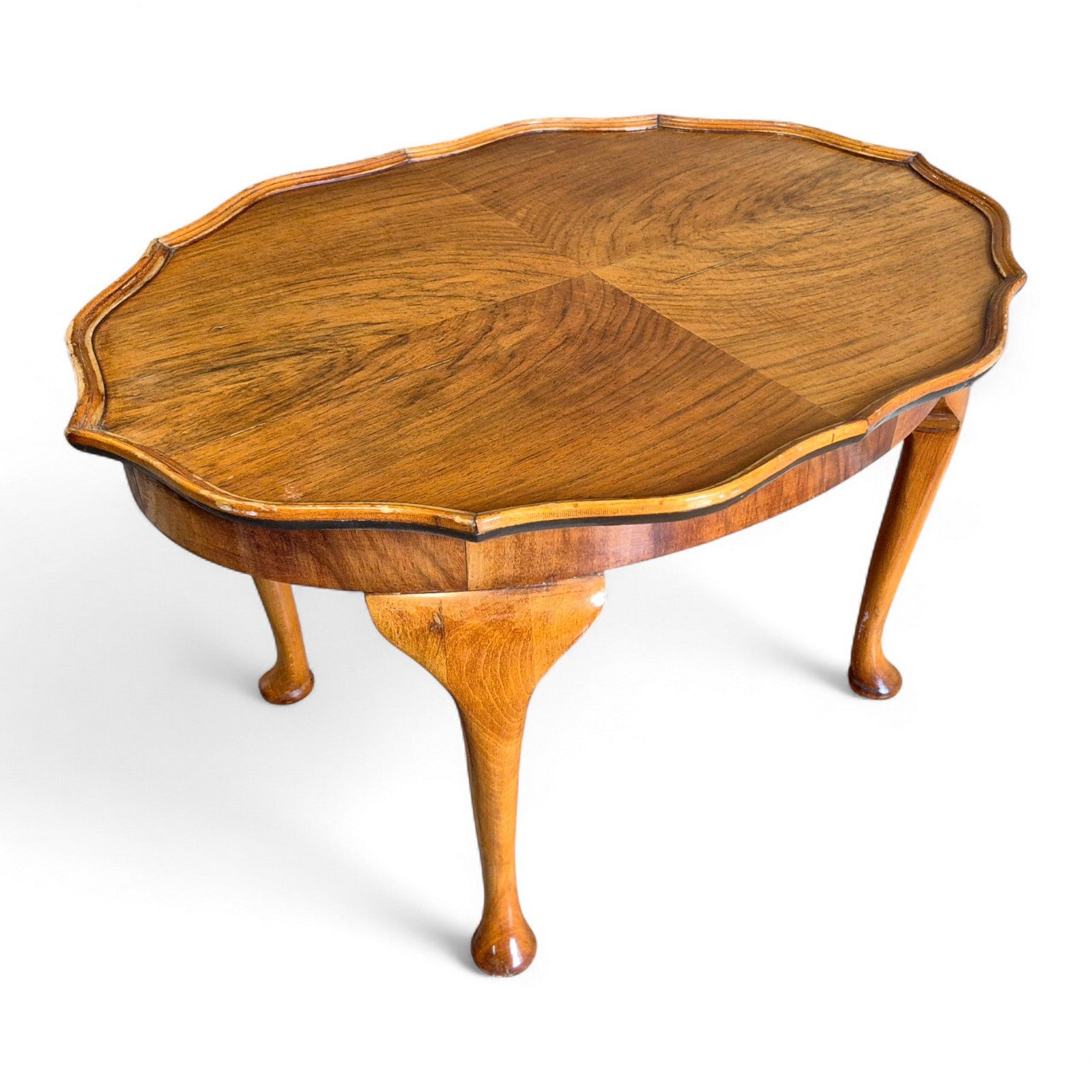 Vintage burr walnut coffee table with scalloped edge and cabriole legs – 1930s design by Avego Antiques