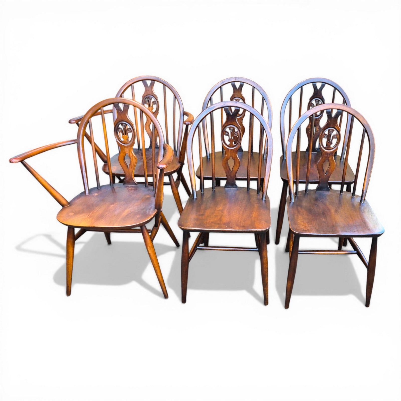 mid century ercol dining chairs elm seat beech frame front profile