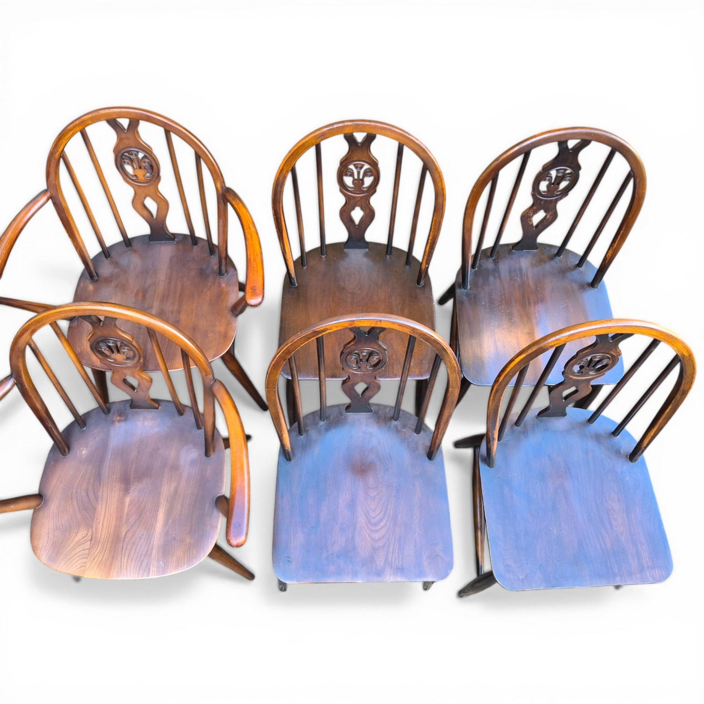 mid century ercol dining chairs elm seat beech frame top view