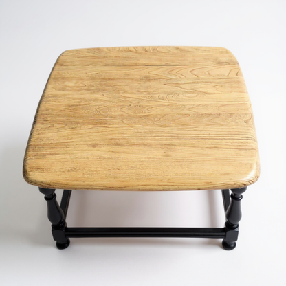 Vintage Ercol elm coffee table with restored top and painted satinwood base