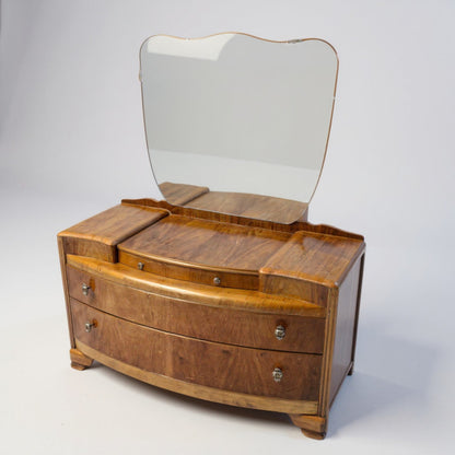 Vintage Lebus Art Deco walnut veneer dressing table with curved front and scalloped mirror