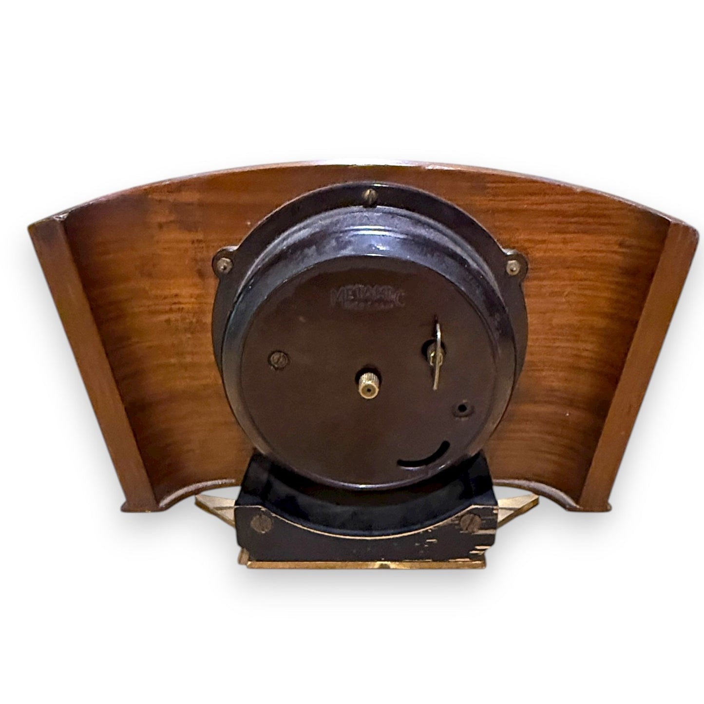 Vintage Metamec clock – rear view showing mechanical winder