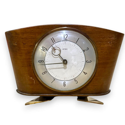 Vintage Metamec mid-century mantel clock – front view showing curved wooden case and dial