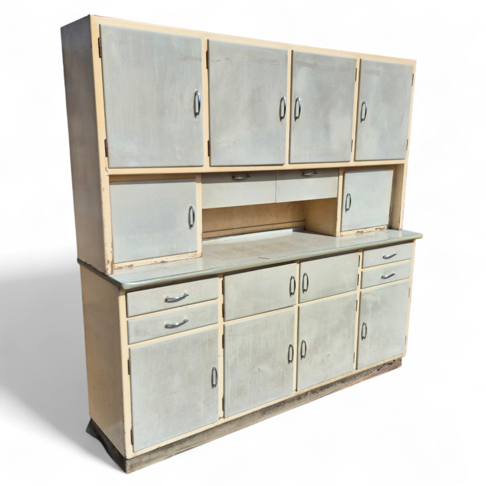 Vintage mid-century kitchen cabinet – front view showing cream and blue painted finish