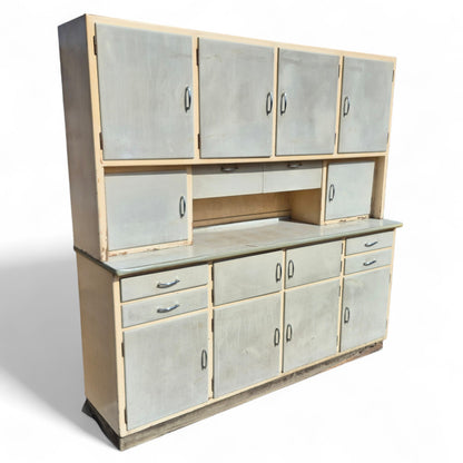 Vintage mid-century kitchen cabinet – front view showing cream and blue painted finish