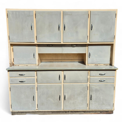 Vintage mid-century kitchen cabinet – front view showing cream and blue painted finish