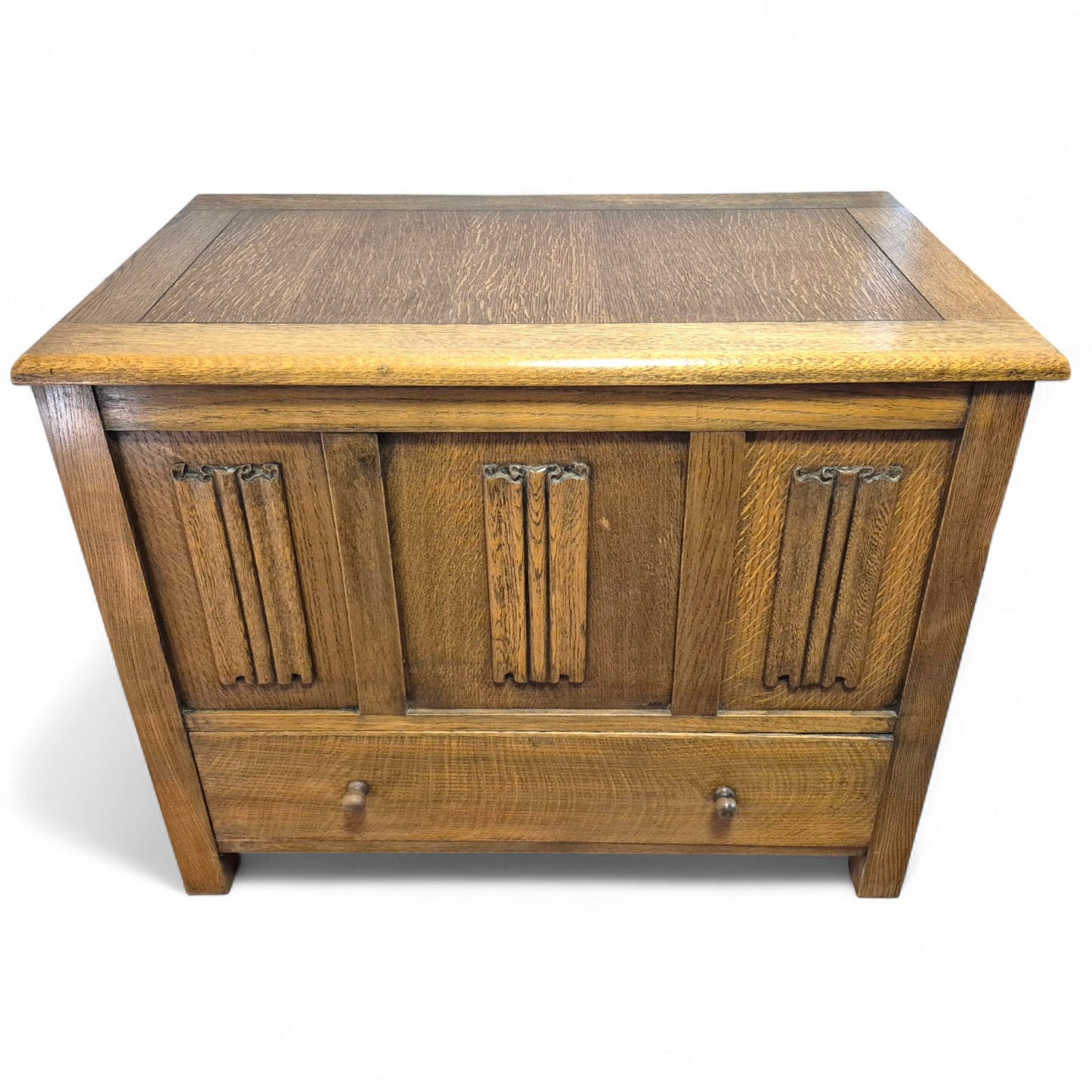 Vintage oak blanket box with linenfold panels and lower drawer – 1960s storage chest by Avego Antiques