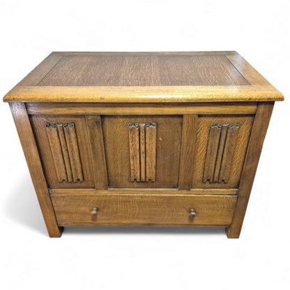 Vintage oak blanket box with linenfold panels and lower drawer – 1960s storage chest by Avego Antiques