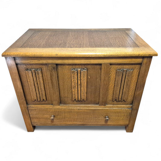 Vintage oak blanket box with linenfold panels and lower drawer – 1960s storage chest by Avego Antiques