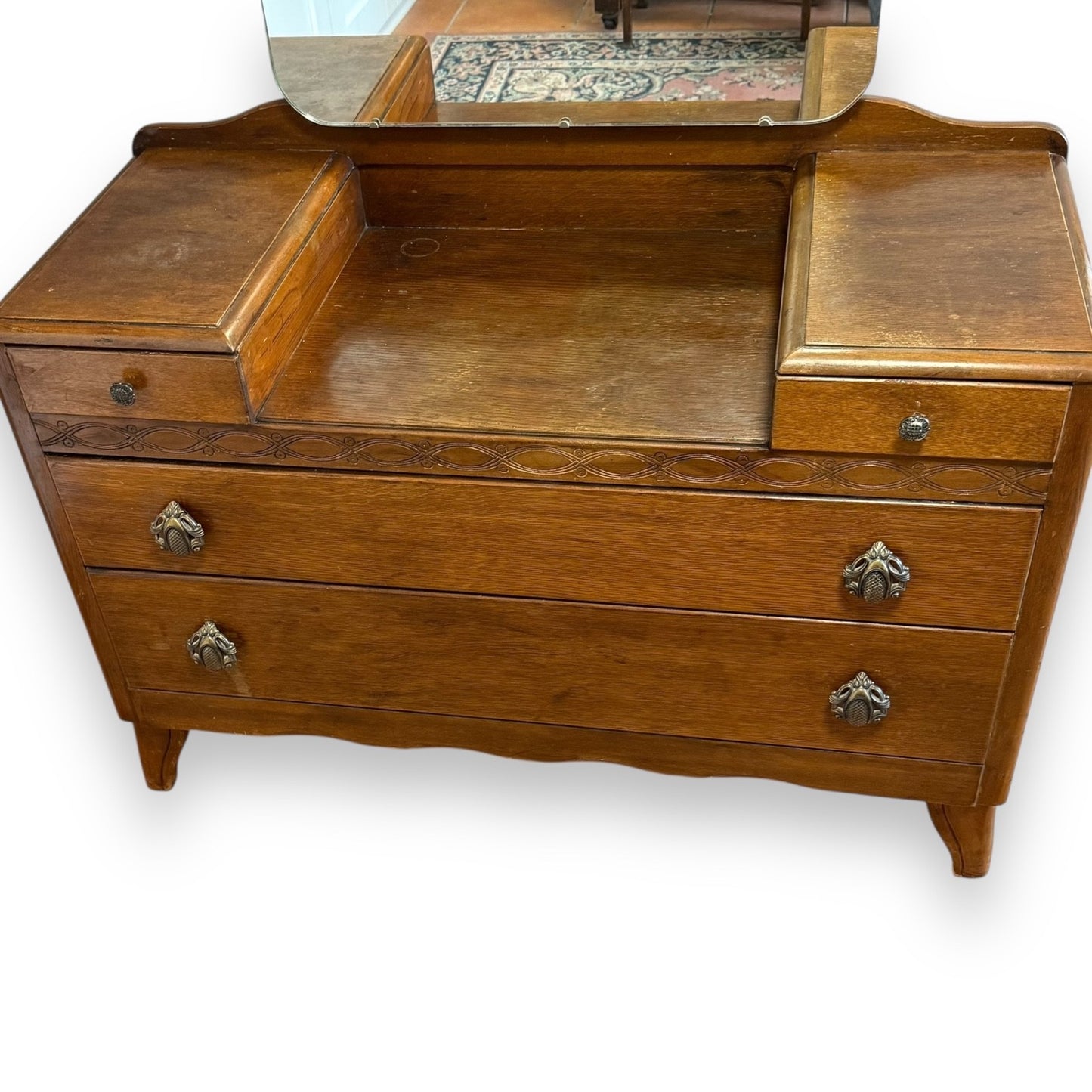 Mid-century oak dressing table with drawers and mirror