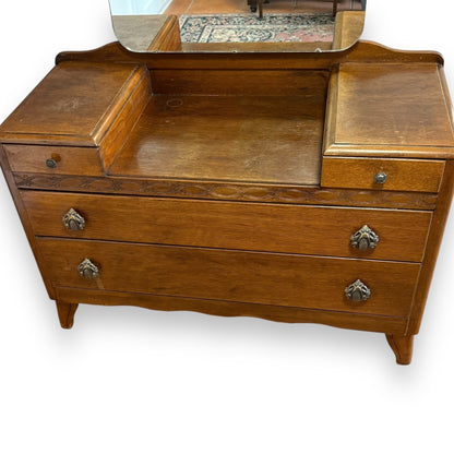 Mid-century oak dressing table with drawers and mirror