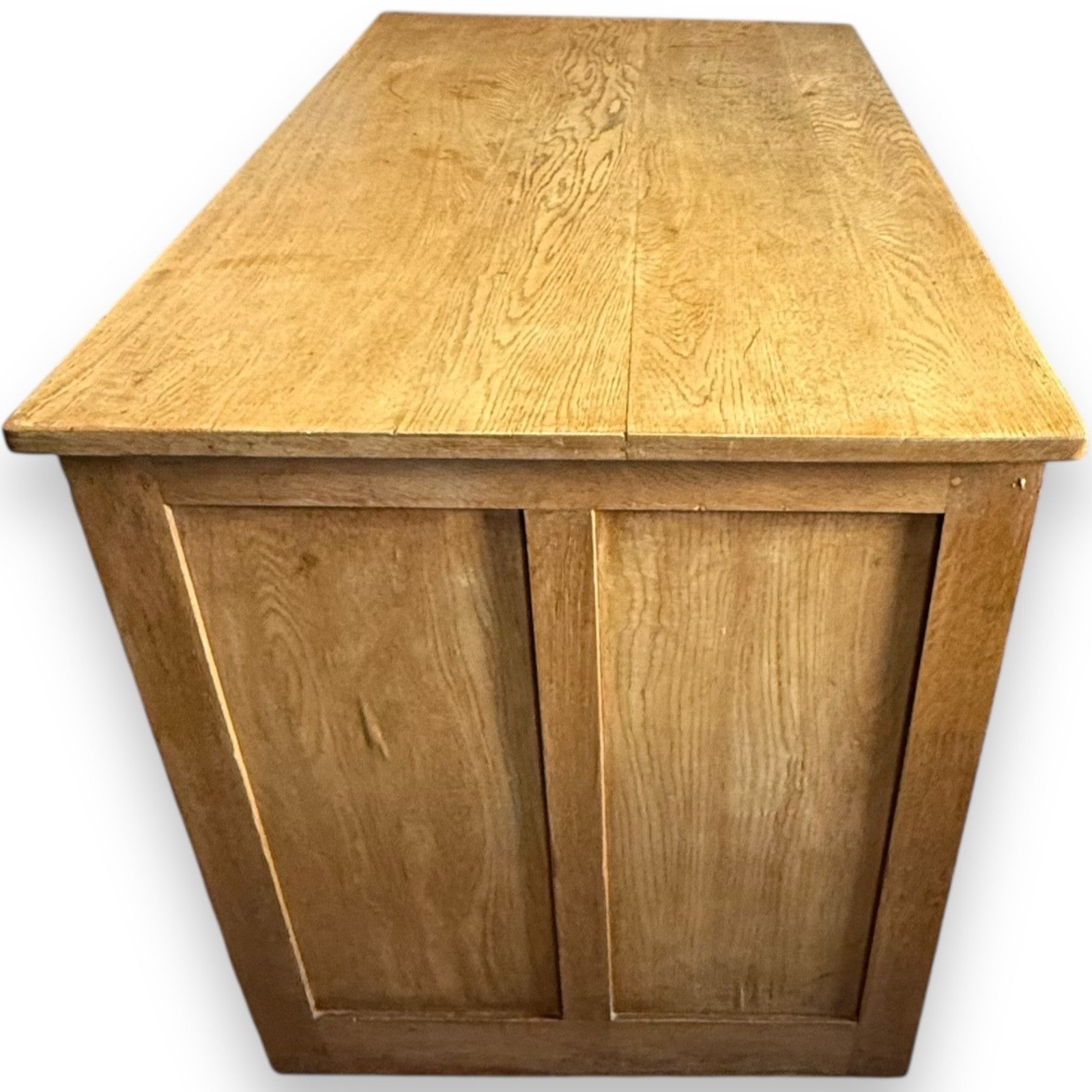 Left side view of Art Deco oak desk showing smooth patina – early 20th century design