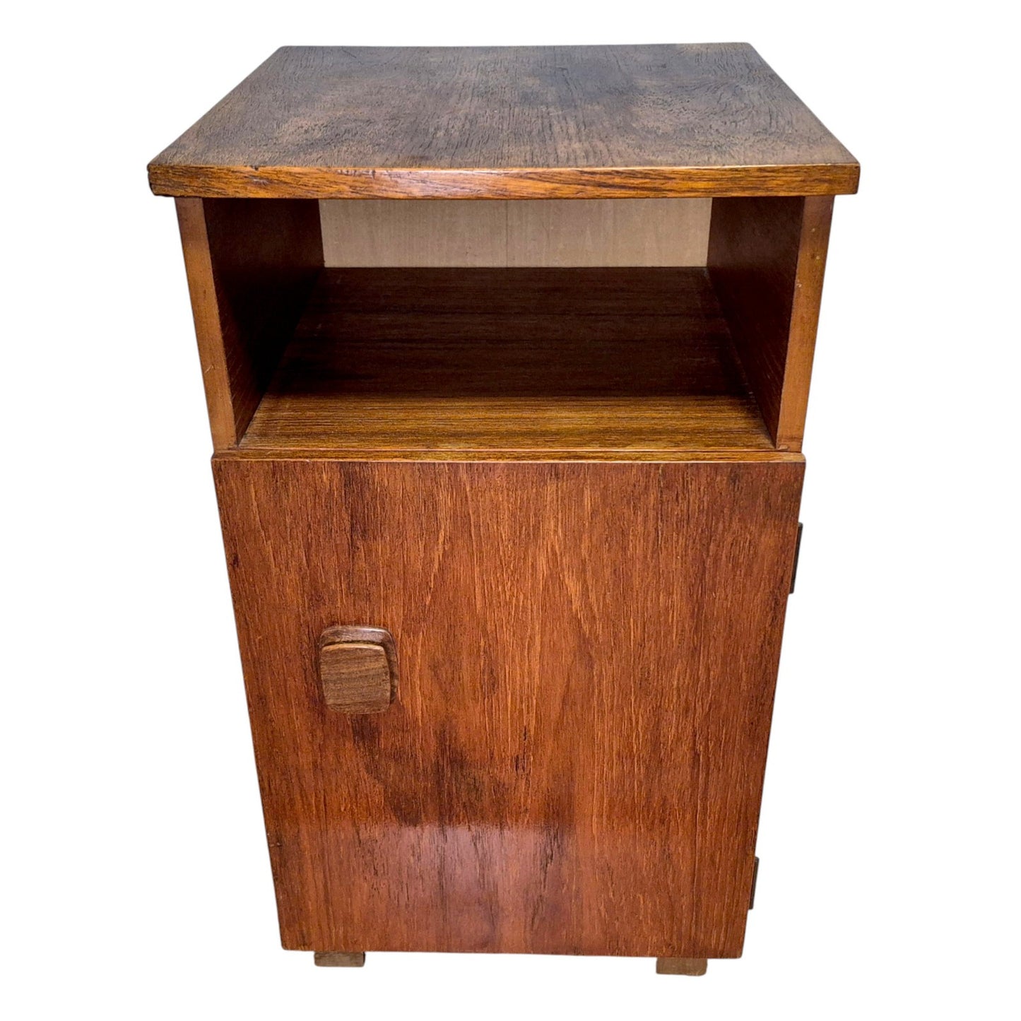 Vintage teak bedside cabinet – front view showing open shelf and cupboard