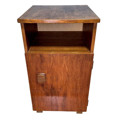 Vintage teak bedside cabinet – front view showing open shelf and cupboard