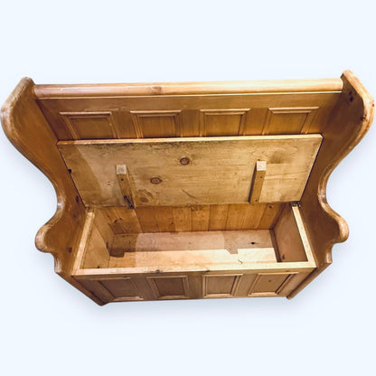 Vintage waxed pine monks bench with lift-up seat storage
